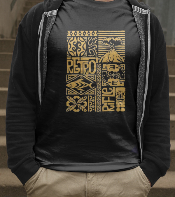 Retro Rifle Lei Em Down Pacific Island Tiki Volcano Palm Tree Ocean Waves Design T-Shirt
