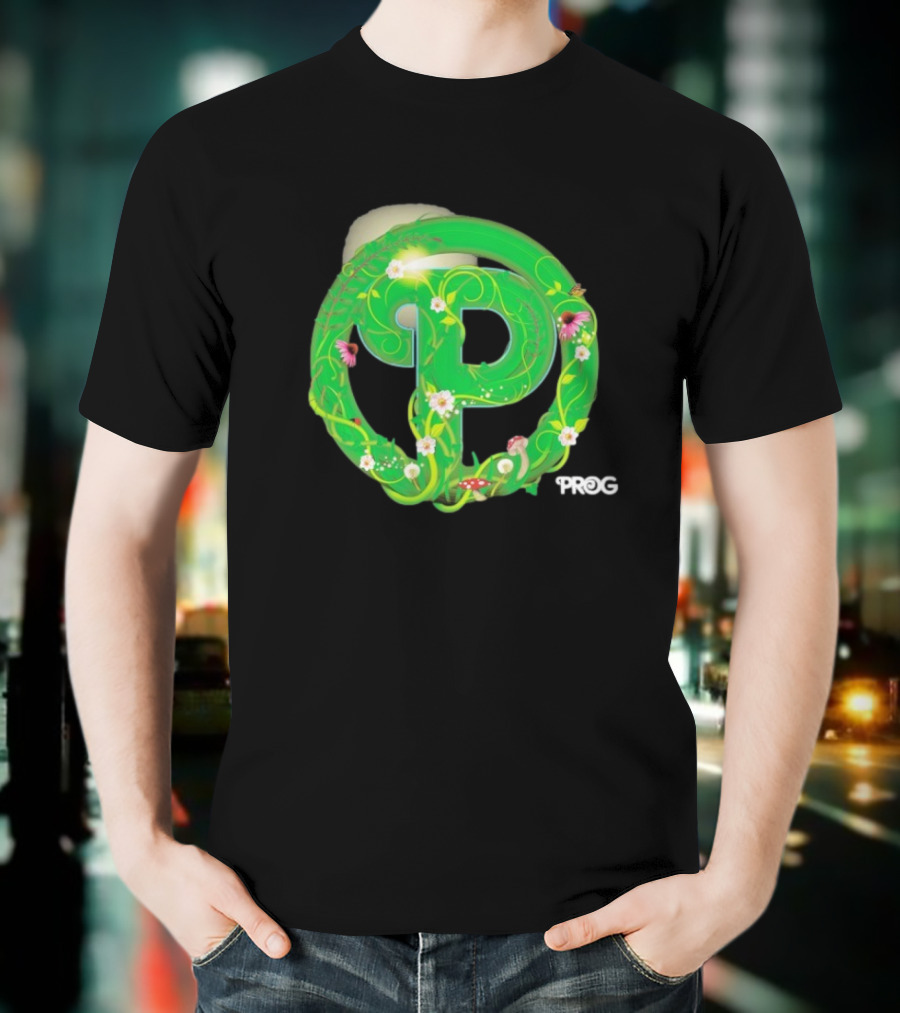 Prog Green Nature-Inspired Letter P With Flowers And Mushrooms T-Shirt