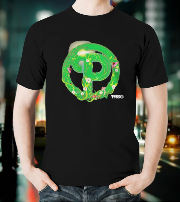 Prog Green Nature-Inspired Letter P With Flowers And Mushrooms T-Shirt