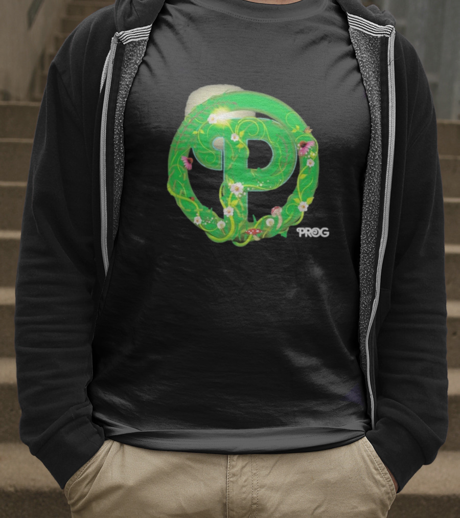 Prog Green Nature-Inspired Letter P With Flowers And Mushrooms T-Shirt
