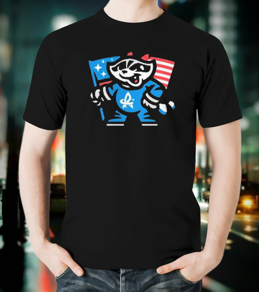 Rocket City Trash Pandas Mascot Holding American Flag And Rocket Logo T-Shirt
