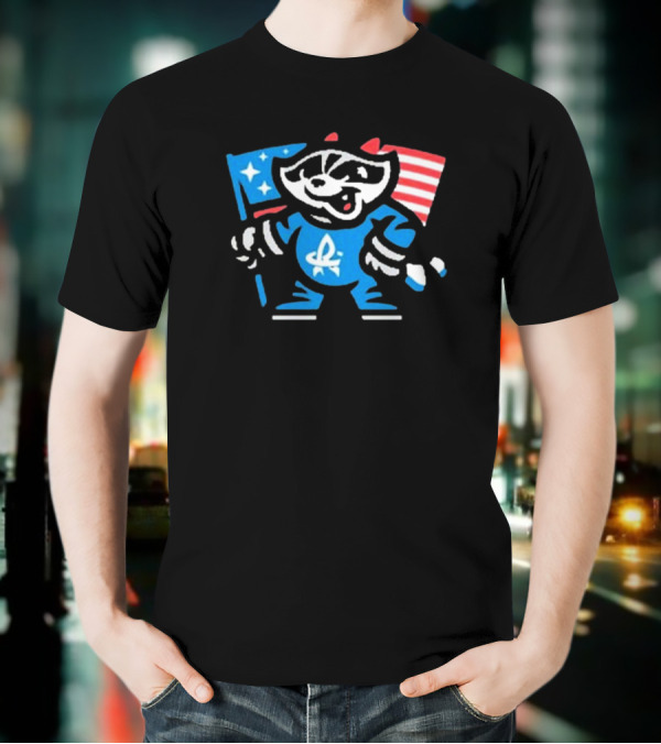 Rocket City Trash Pandas Mascot Holding American Flag And Rocket Logo T-Shirt