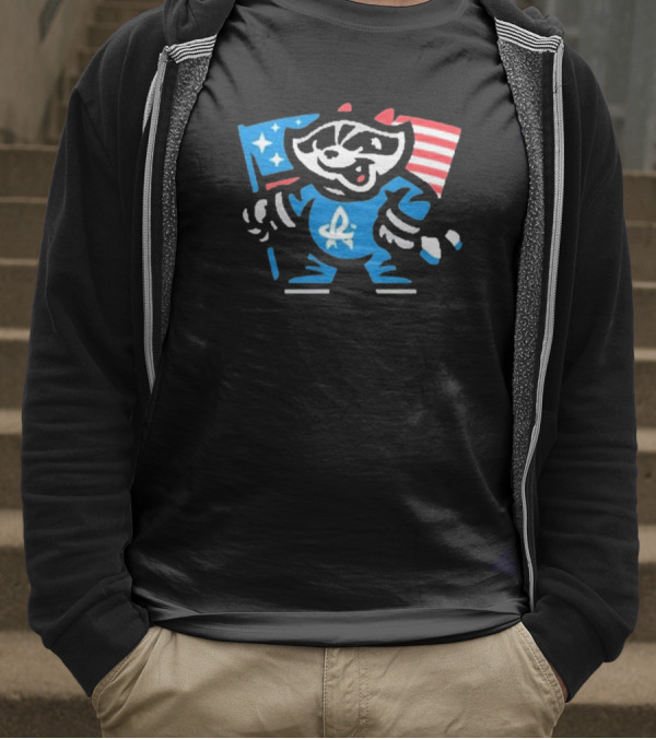 Rocket City Trash Pandas Mascot Holding American Flag And Rocket Logo T-Shirt