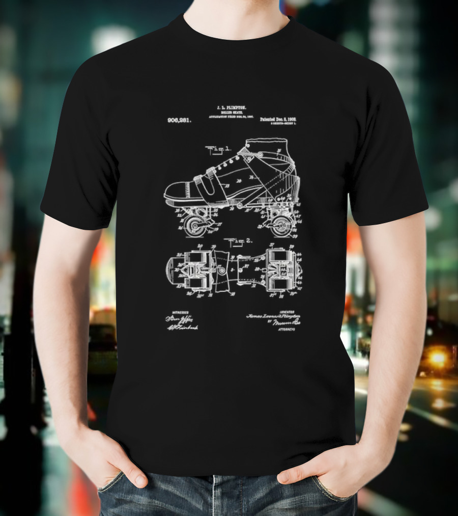 Roller Skate Patent Drawing With Adjustable Shoe Mechanism And Wheel Assembly T-Shirt