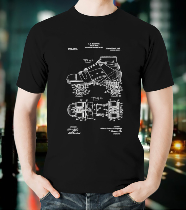 Roller Skate Patent Drawing With Adjustable Shoe Mechanism And Wheel Assembly T-Shirt