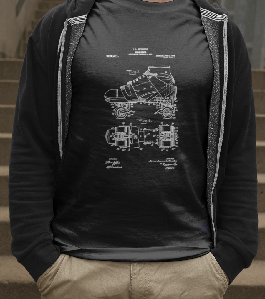 Roller Skate Patent Drawing With Adjustable Shoe Mechanism And Wheel Assembly T-Shirt