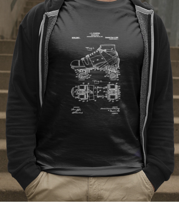 Roller Skate Patent Drawing With Adjustable Shoe Mechanism And Wheel Assembly T-Shirt