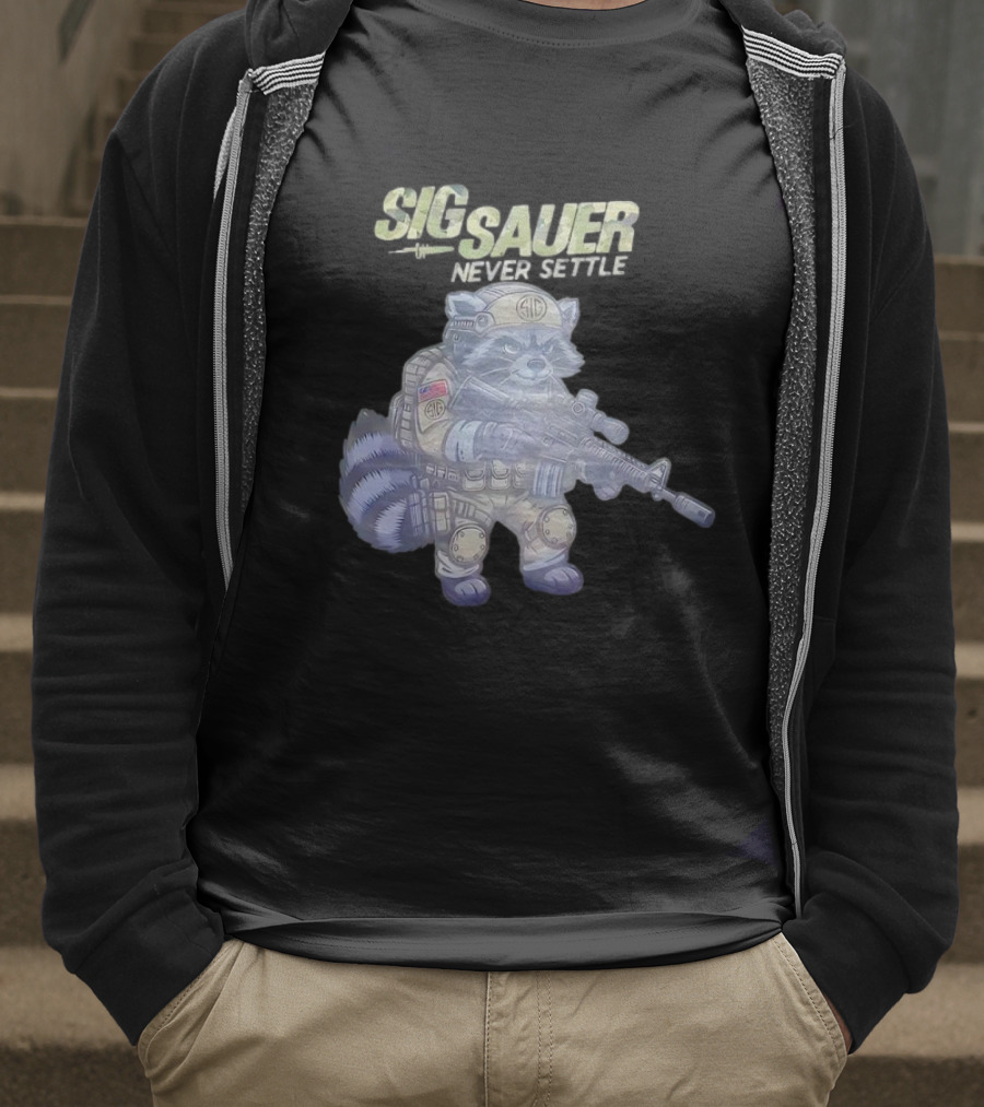 Raccoon Soldier Sig Sauer Never Settle Tactical Gear T-Shirt