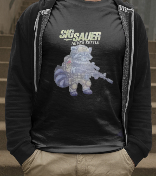 Raccoon Soldier Sig Sauer Never Settle Tactical Gear T-Shirt