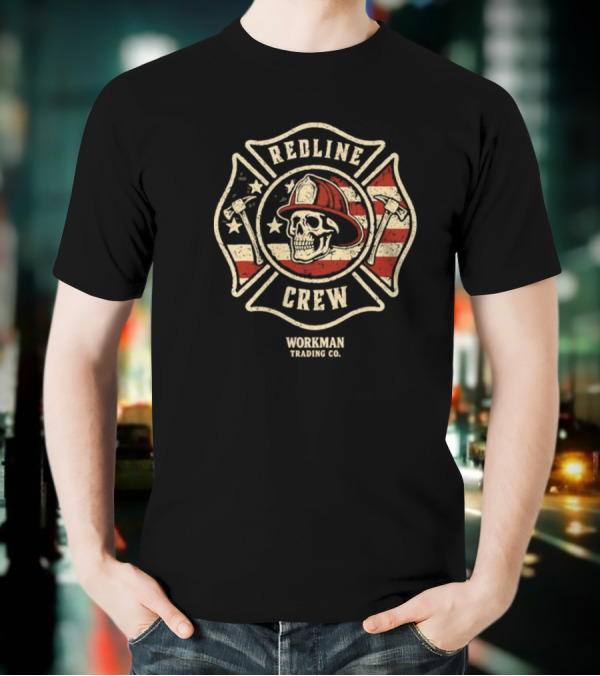 Redline Crew Workman Trading Co Skull Firefighter American Flag T-Shirt