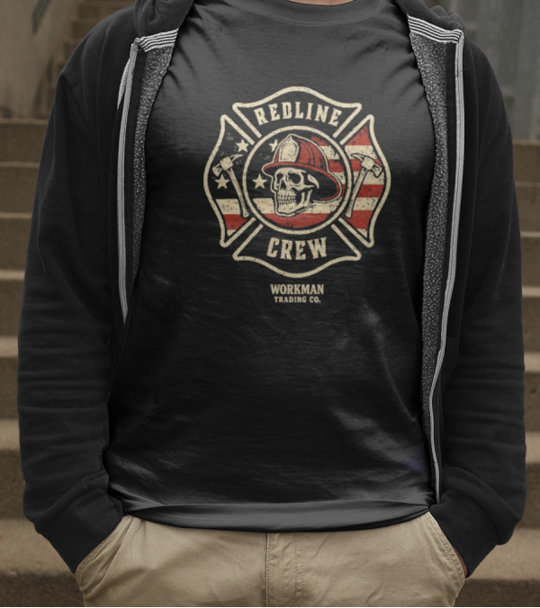 Redline Crew Workman Trading Co Skull Firefighter American Flag T-Shirt