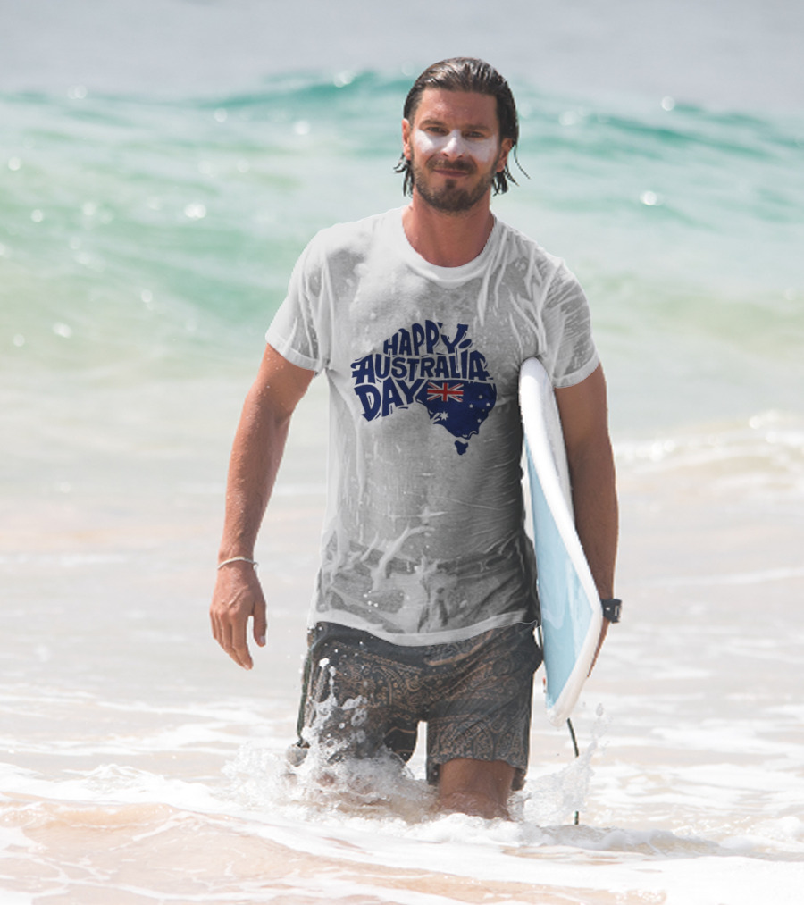 Happy Australia Day Map With Flag Inside Text T-Shirt