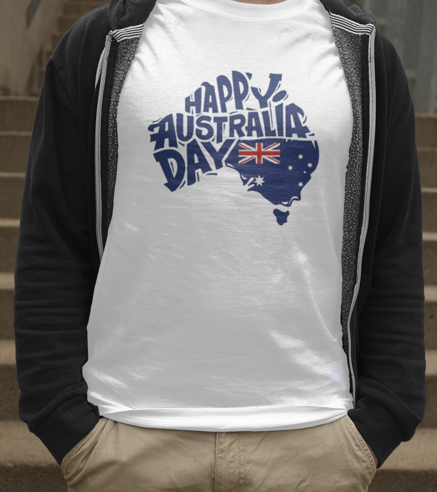 Happy Australia Day Map With Flag Inside Text T-Shirt