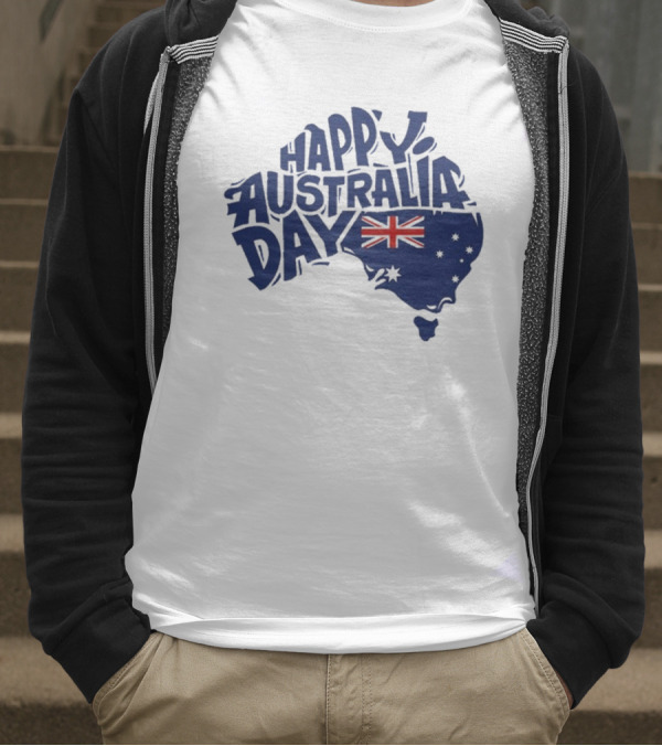 Happy Australia Day Map With Flag Inside Text T-Shirt