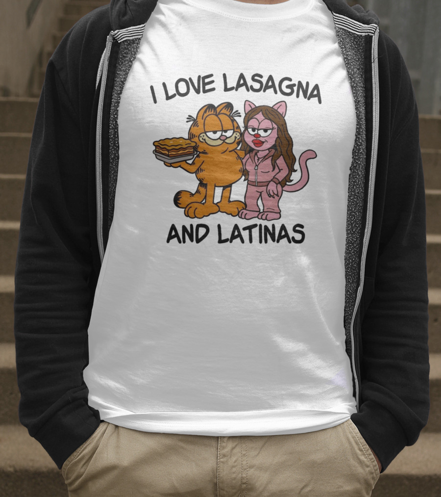 I Love Lasagna And Latinas Garfield Cartoon Cat And Latina Cat In Sunglasses T-Shirt