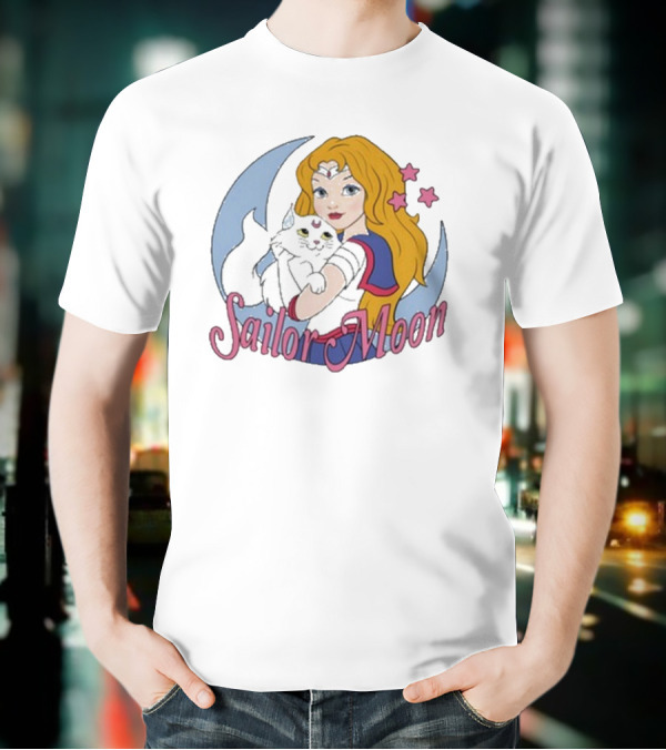 Sailor Moon Holding White Cat With Stars T-Shirt