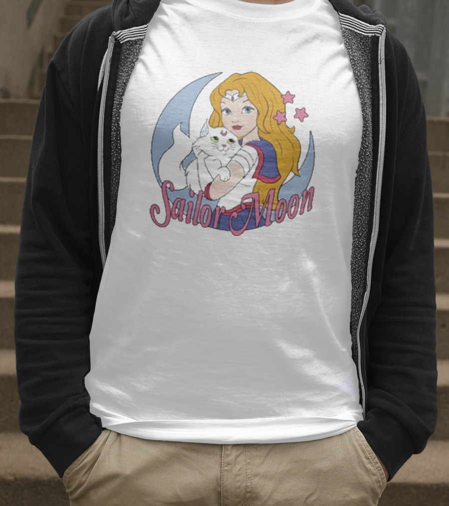 Sailor Moon Holding White Cat With Stars T-Shirt
