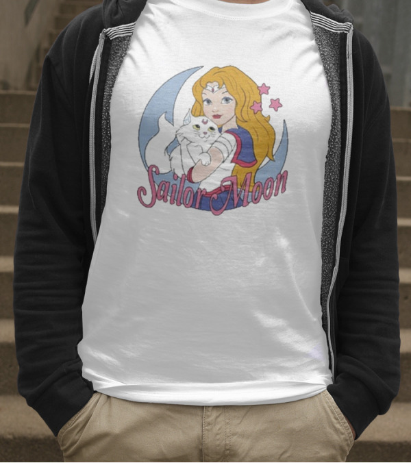 Sailor Moon Holding White Cat With Stars T-Shirt