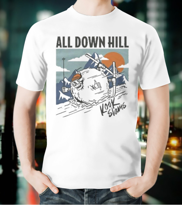 Kook Slams All Down Hill Skiing Adventure Orange Sunset Rugged Mountains T-Shirt