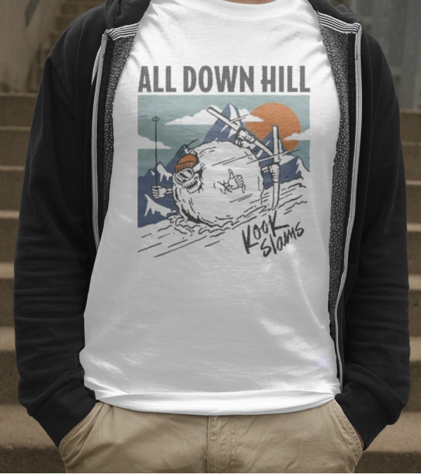 Kook Slams All Down Hill Skiing Adventure Orange Sunset Rugged Mountains T-Shirt