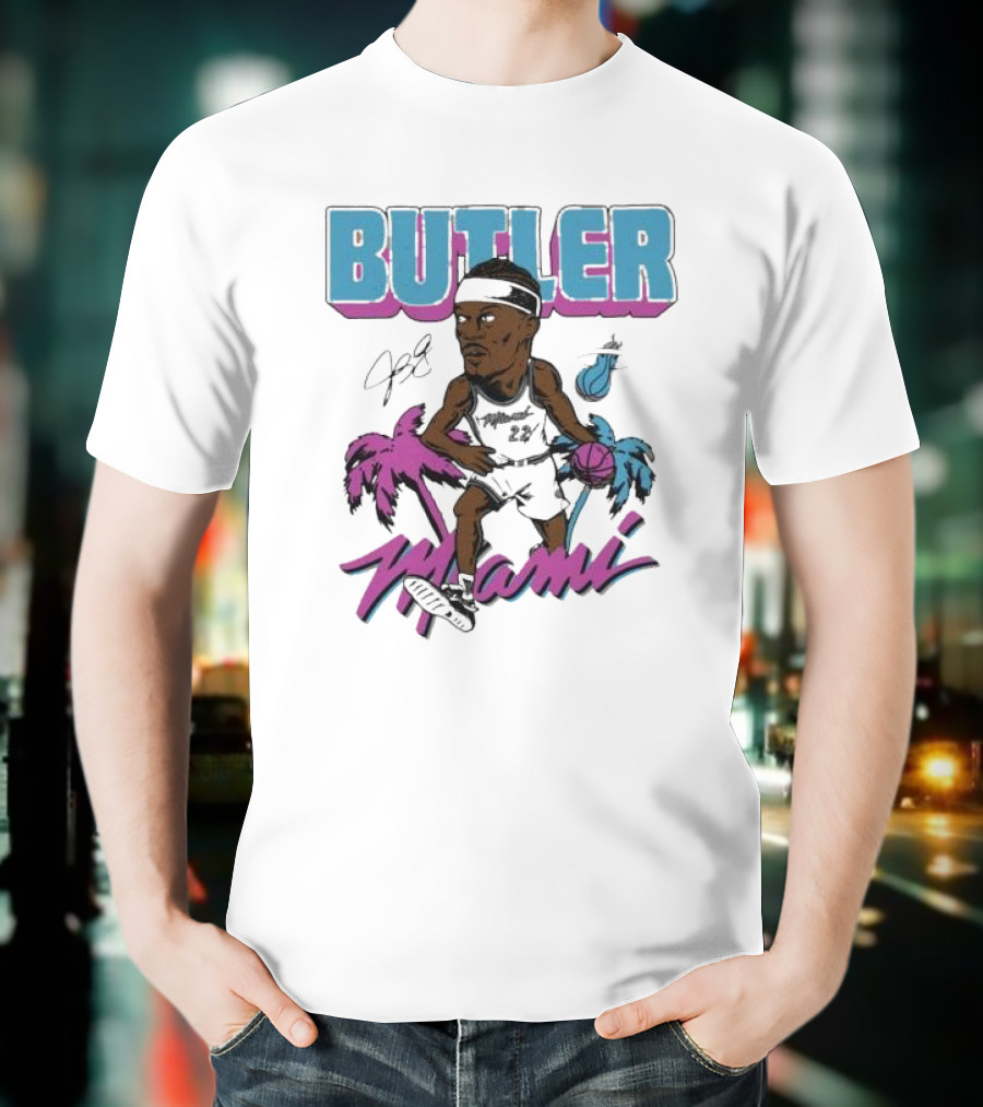 Butler Miami Basketball Caricature With Palm Trees And Flaming Ball T-Shirt
