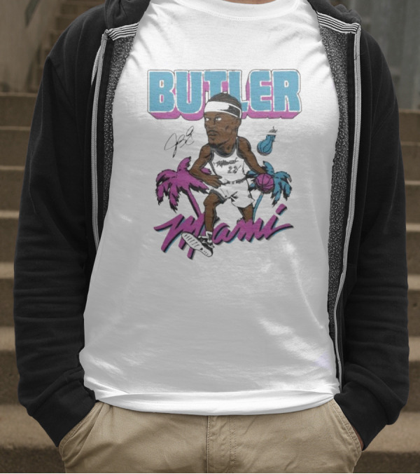 Butler Miami Basketball Caricature With Palm Trees And Flaming Ball T-Shirt