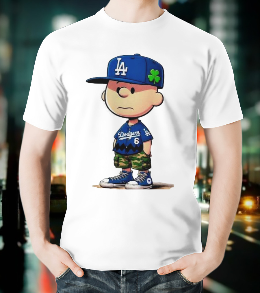 Los Angeles Dodgers Charlie Brown St. Patrick's Day LA Hat Clover Dodgers 6 Jersey T-Shirt