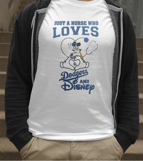 Just A Nurse Who Loves Dodgers And Disney Mickey Mouse Baseball T-Shirt