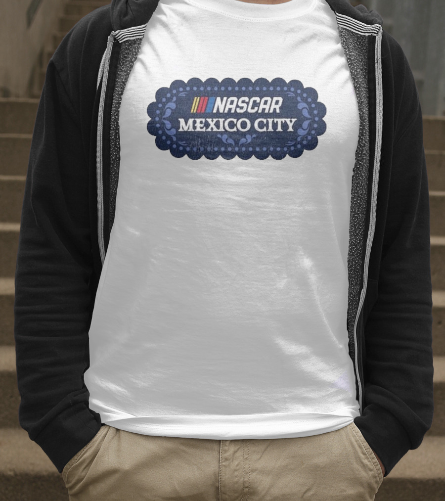 NASCAR Mexico City Scalloped Emblem With Colorful Stripes On Blue Background T-Shirt