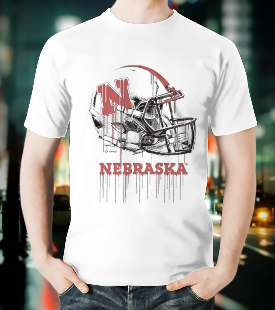 Nebraska Huskers N Dripping Football Helmet T-Shirt