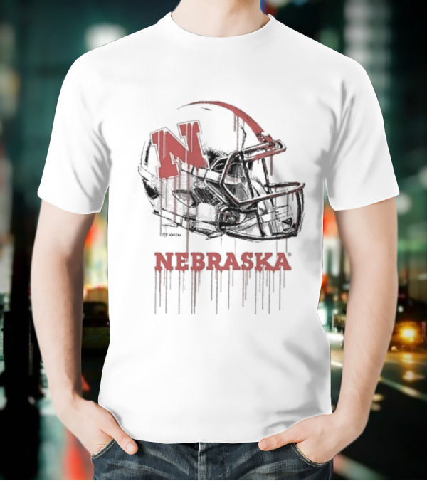 Nebraska Huskers N Dripping Football Helmet T-Shirt