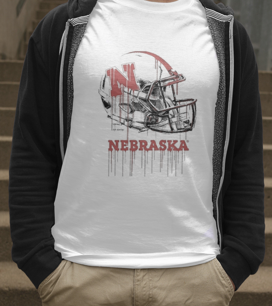 Nebraska Huskers N Dripping Football Helmet T-Shirt