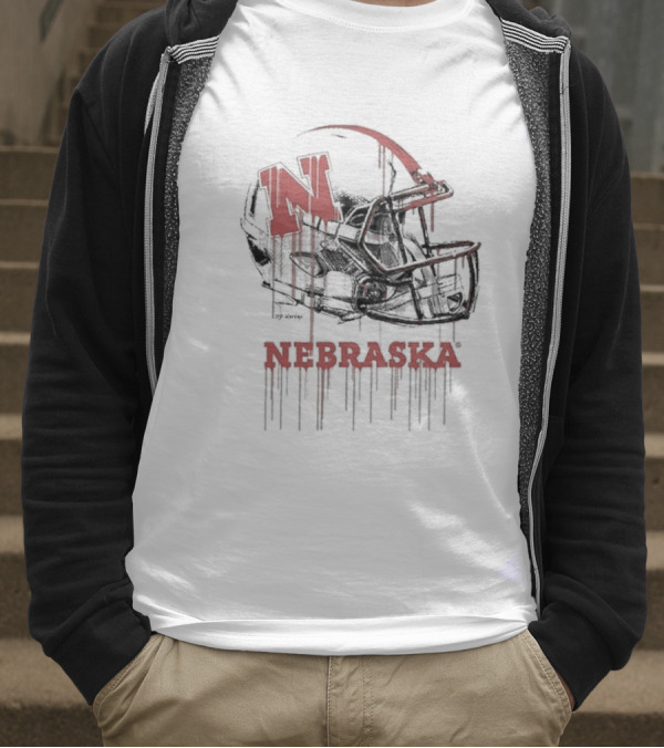 Nebraska Huskers N Dripping Football Helmet T-Shirt