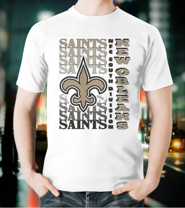New Orleans Saints NFC South Division Fleur-de-Lis Saints Text Pattern T-Shirt