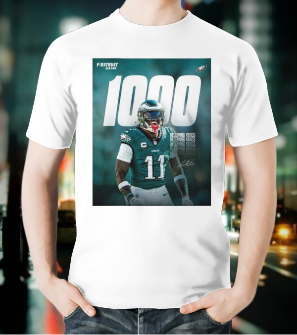 Philadelphia Eagles A.J. Brown 1000 Receiving Yards Signature Fly Eagles Fly NFL T-Shirt