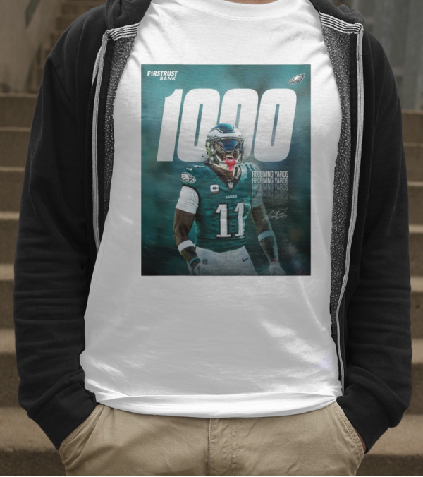 Philadelphia Eagles A.J. Brown 1000 Receiving Yards Signature Fly Eagles Fly NFL T-Shirt