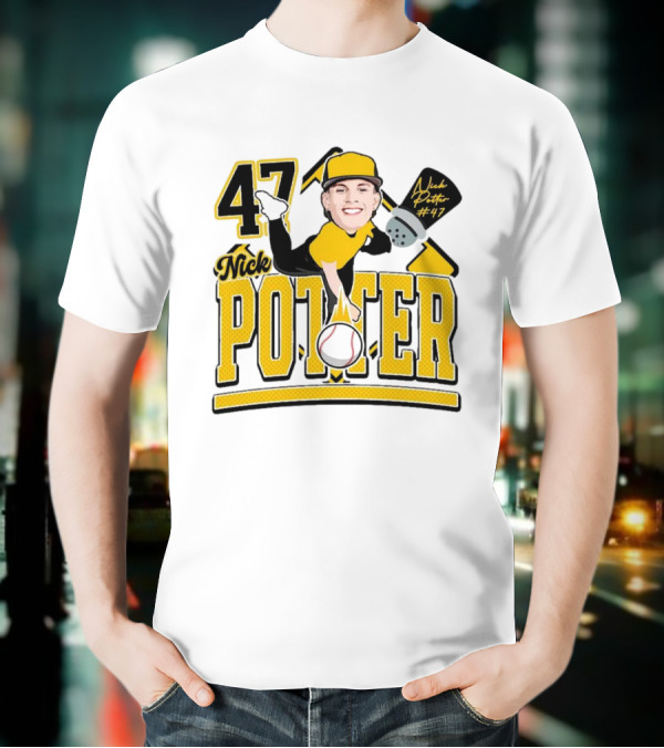 Nick Potter 47 Baseball Illustration With Character In Yellow And Black T-Shirt