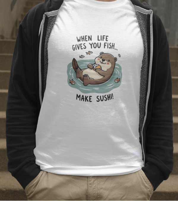 Otter When Life Gives You Fish Cute Floating Otter Eating Illustration T-Shirt