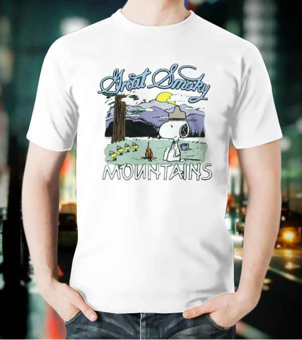 Snoopy Great Smoky Mountains Camping Scene With Woodstock Characters T-Shirt