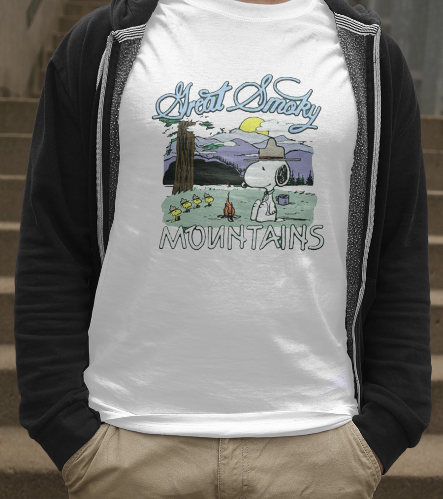 Snoopy Great Smoky Mountains Camping Scene With Woodstock Characters T-Shirt