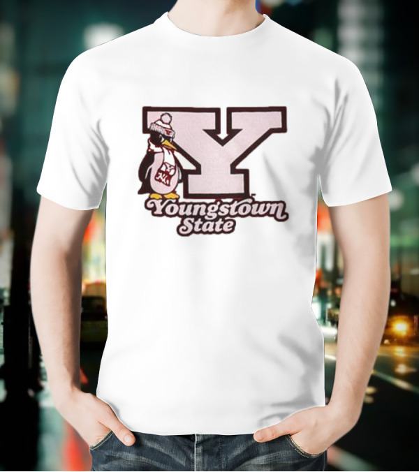 Youngstown State Pete Block Y Logo And Penguin With Scarf T-Shirt
