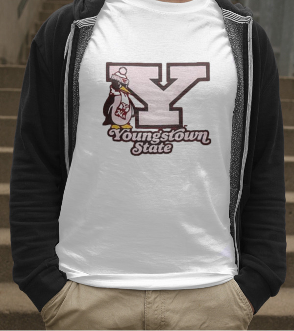 Youngstown State Pete Block Y Logo And Penguin With Scarf T-Shirt