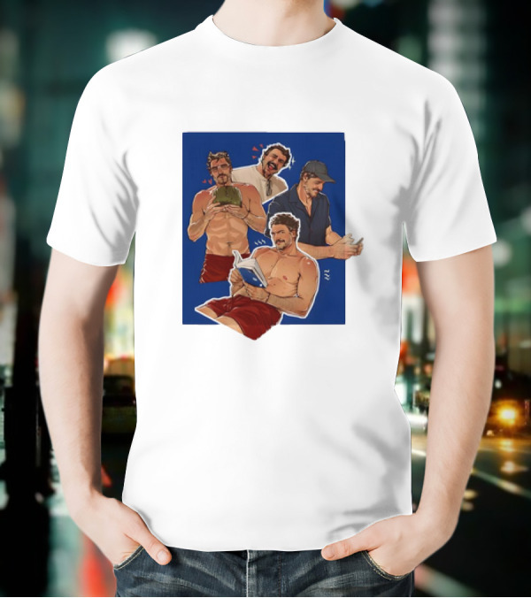 Pedro Pascal Humorous Illustrated Collage Reading And Relaxing Moments T-Shirt