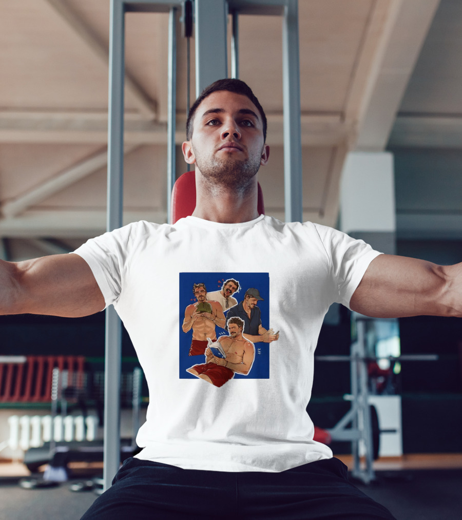Pedro Pascal Humorous Illustrated Collage Reading And Relaxing Moments T-Shirt