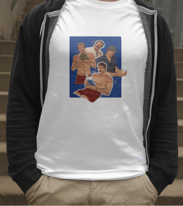 Pedro Pascal Humorous Illustrated Collage Reading And Relaxing Moments T-Shirt