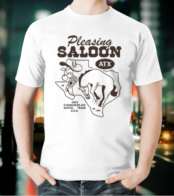 Pleasing Saloon ATX 1603 S Congress Ave Austin Texas USA Cowboy And Bull Texas Outline T-Shirt