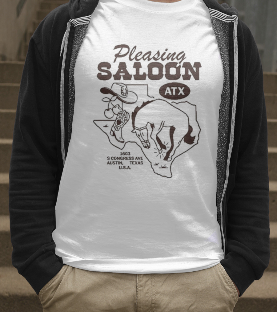 Pleasing Saloon ATX 1603 S Congress Ave Austin Texas USA Cowboy And Bull Texas Outline T-Shirt