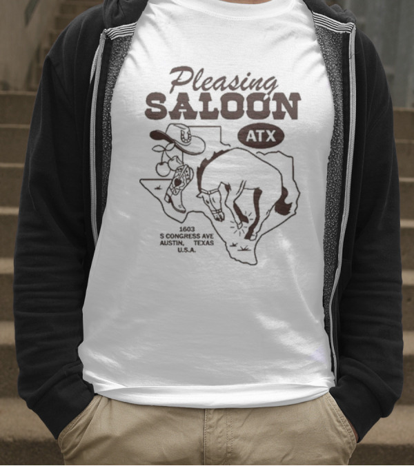 Pleasing Saloon ATX 1603 S Congress Ave Austin Texas USA Cowboy And Bull Texas Outline T-Shirt