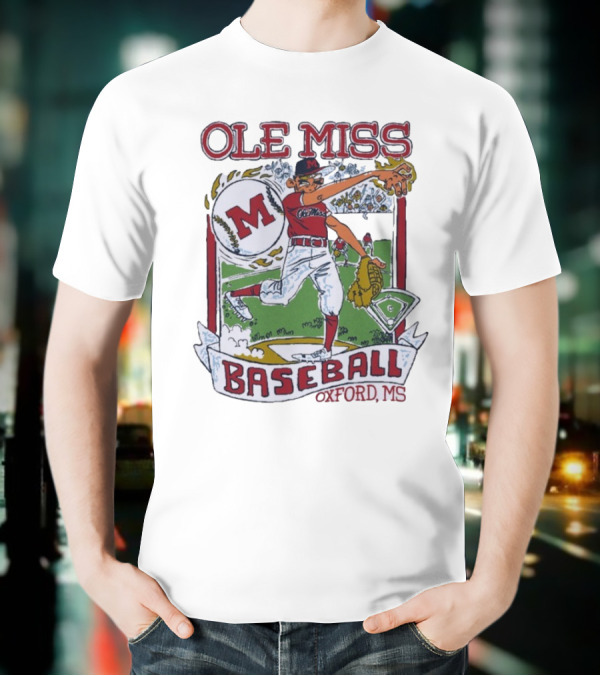 Ole Miss Baseball Oxford MS Pitcher Illustration With M Logo T-Shirt