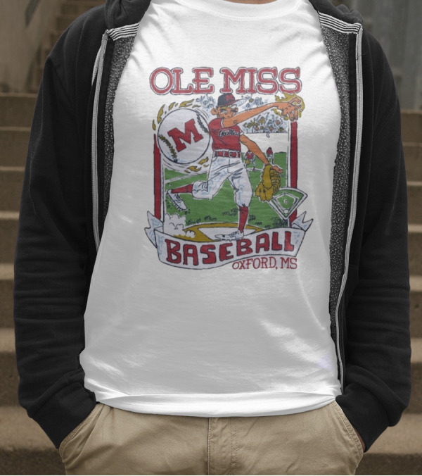 Ole Miss Baseball Oxford MS Pitcher Illustration With M Logo T-Shirt